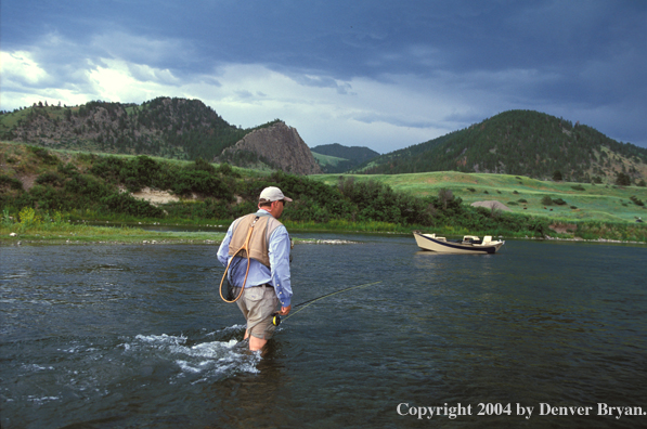 Flyfisherman wading in river.