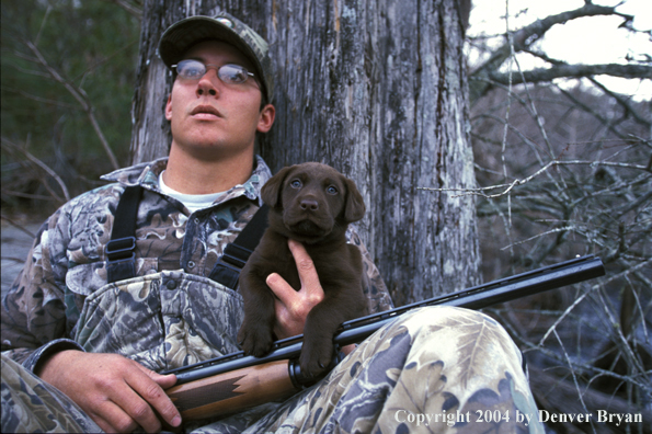 Waterfowl hunter with chocolate Lab pup. 