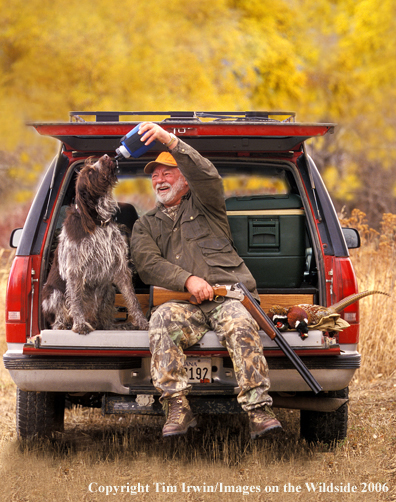 Upland game bird hunter with bagged pheasant and German Wirehair Pointer.