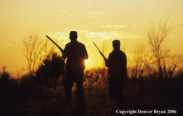 Upland game bird hunters with dog hunting.