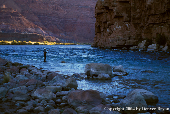 Flyfisherman casting in river.