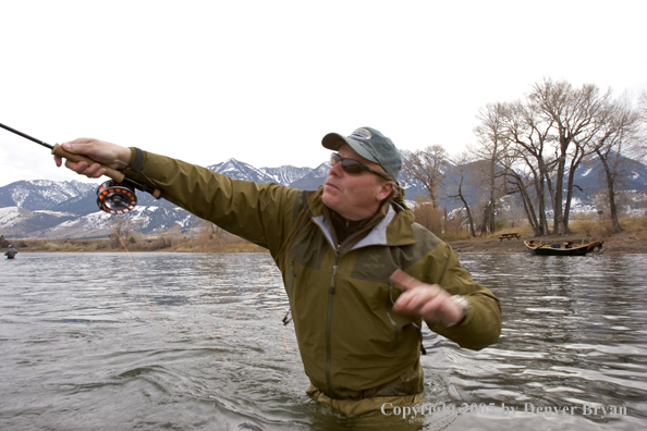 Flyfisherman casting heavy streamers on Yellowstone River, Montana.