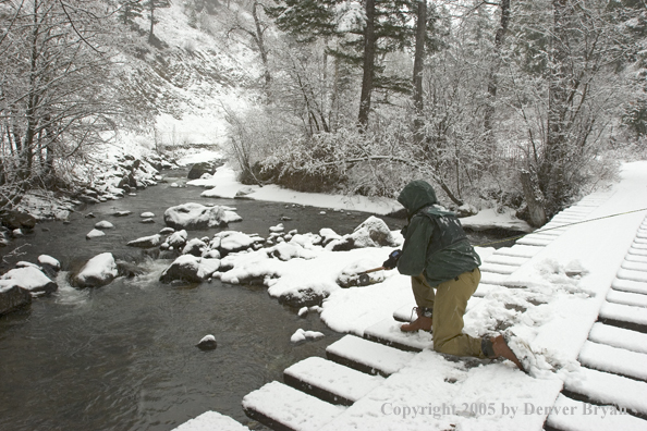 Flyfisherman examining stream from snow-covered bridge.