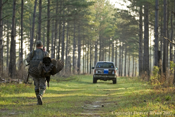 Turkey hunter in field with bagged bird