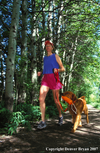 Woman running with golden Retriever