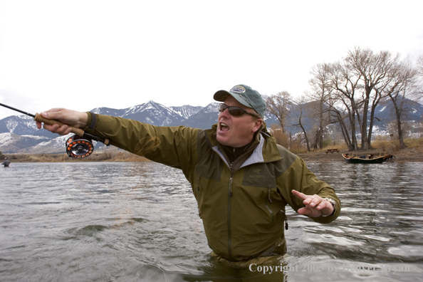 Flyfisherman casting heavy streamers on Yellowstone River, Montana.