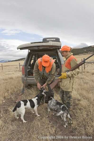 Upland game hunters at car with English Springer spaniels.