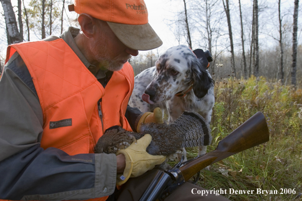 Upland bird hunter in field with dog and bagged grouse