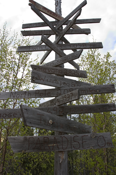 Old wooden signs outside Scott Lake Lodge, Canada