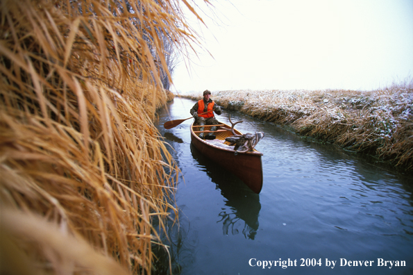 Hunter in canoe with bagged white-tailed deer.