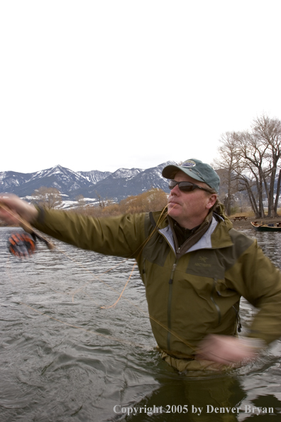 Flyfisherman casting heavy streamers on Yellowstone River, Montana.