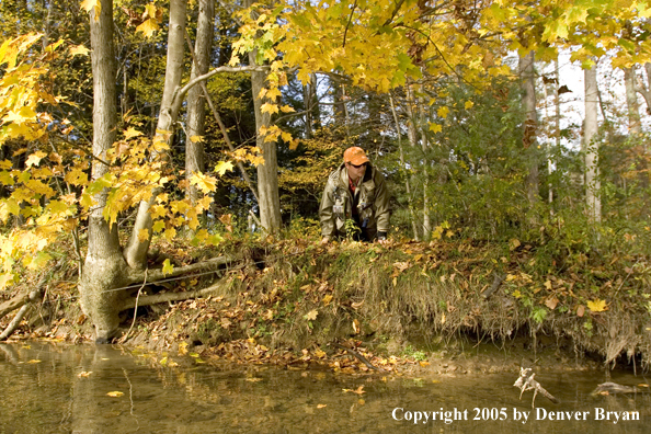 Flyfisherman checking out small stream before fishing.