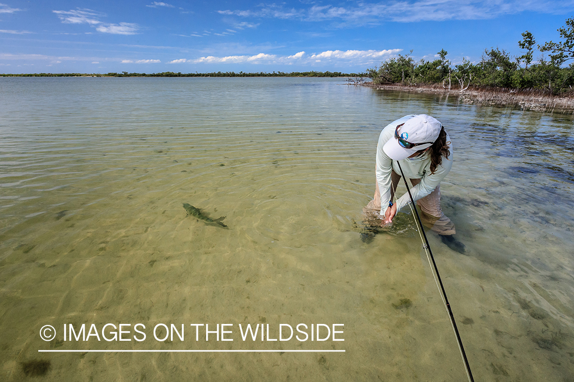 Flyfishing woman with bonefish.