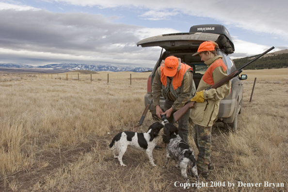 Upland game hunters at car with English Springer spaniels.