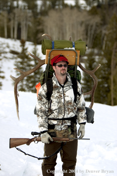 Big game hunter packing elk rack out on snowshoes.