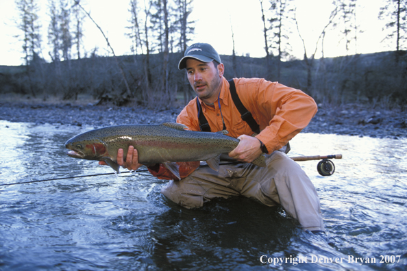 Flyfisherman releasing steelhead.