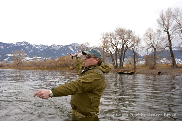 Flyfisherman casting heavy streamers on Yellowstone River, Montana.