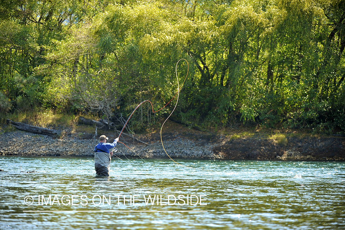 Fisherman casting on river.