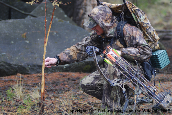 Bowhunter examining scrape