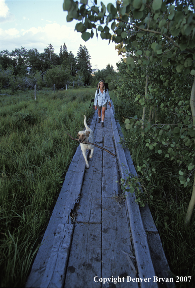 Woman hiking with yellow Labrador Retriever