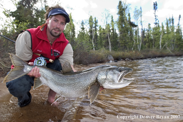 Flyfisherman with lake trout (MR).