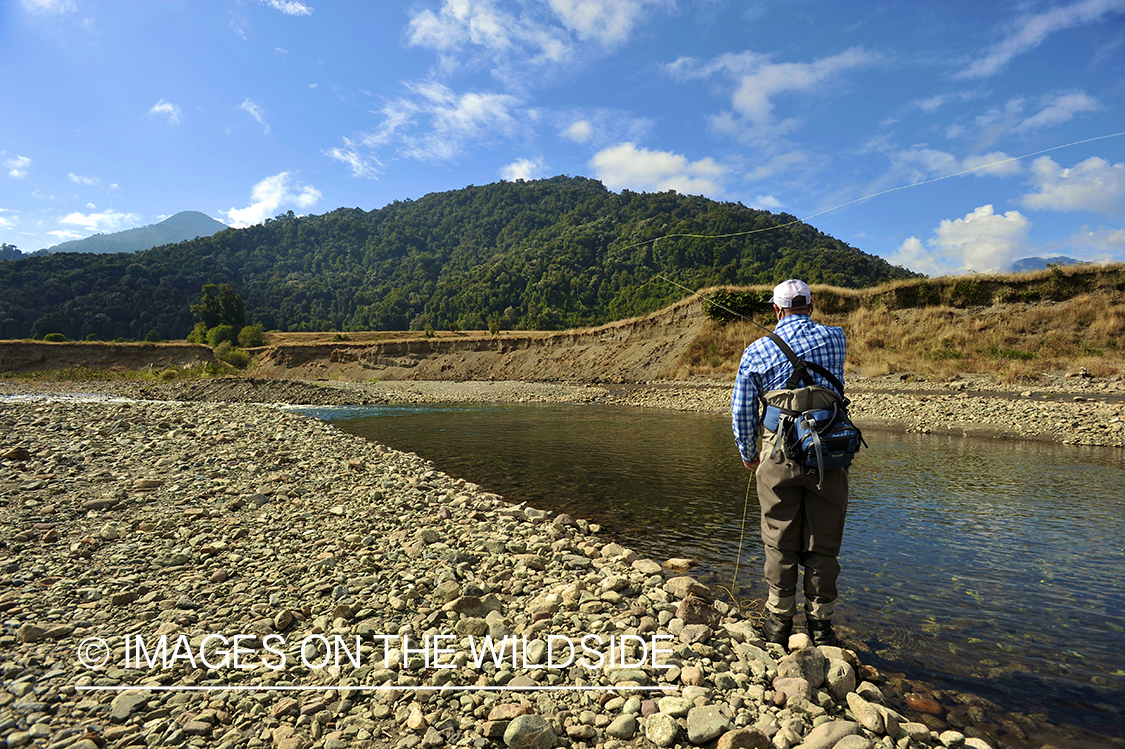 Fisherman casting on river.