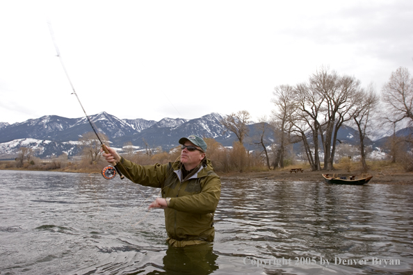 Flyfisherman casting heavy streamers on Yellowstone River, Montana.