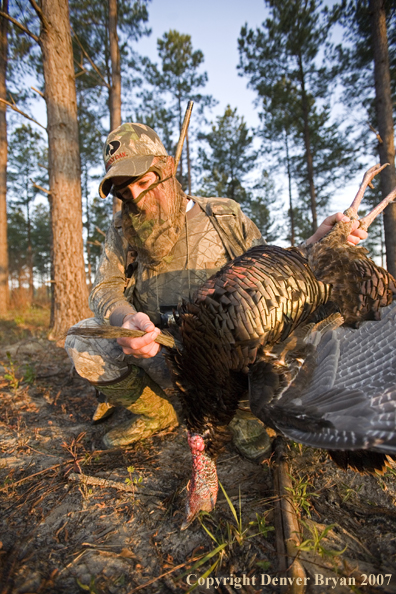 Turkey hunter in field with bagged bird