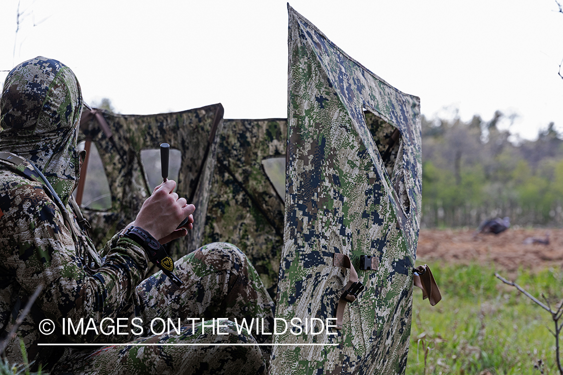 Hunter in blind using turkey call.