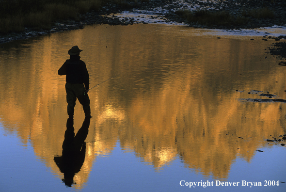 Flyfisherman casting on river.