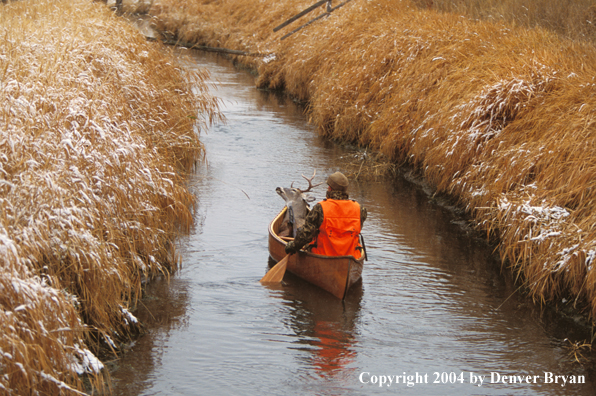 Hunter in canoe with bagged white-tailed deer.