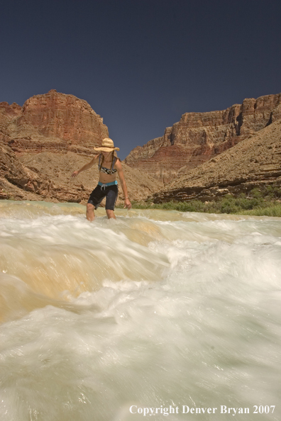 Woman walking in the Little Colorado River.  Grand Canyon.