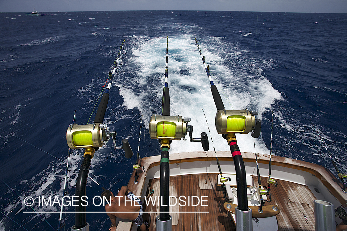 Deep sea fishing boat with rods.