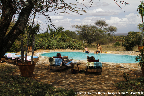 Family around pool on safari