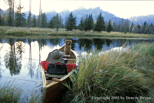 Flyfisherman with Golden Retriever in wooden cedar canoe.  Teton mountains in background.