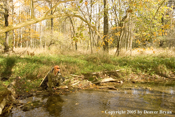 Flyfisherman landing trout on small stream.