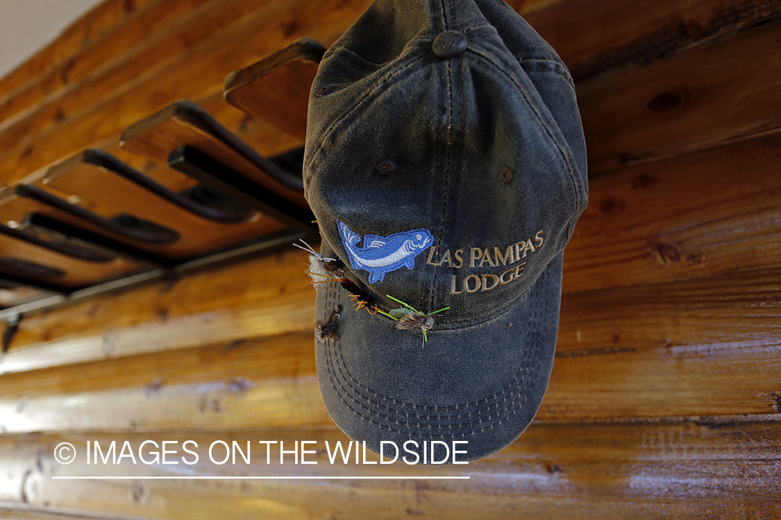 Las Pampas Lodge hat hanging in lodge.