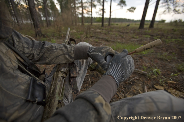 Turkey hunter calling in the field