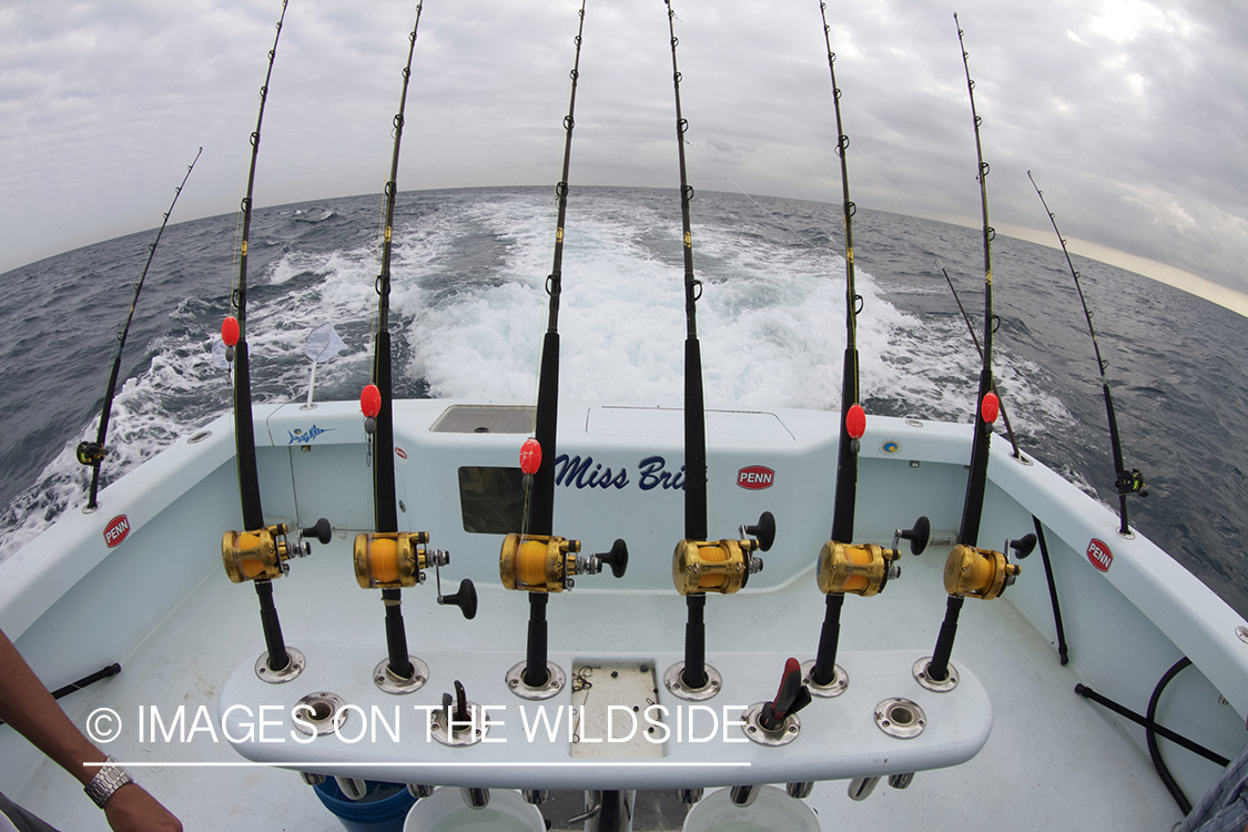 Deep sea fishing boat with rods.