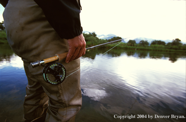 Flyfisherman looking at stream.