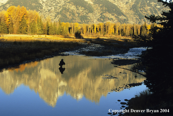 Flyfisherman casting on river.