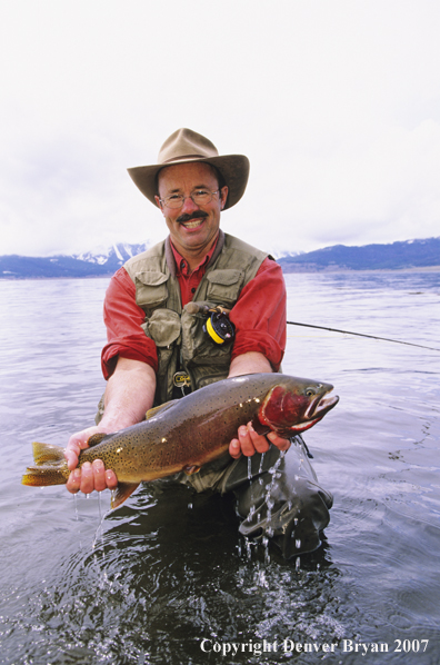 Flyfisherman with large cutthroat trout.