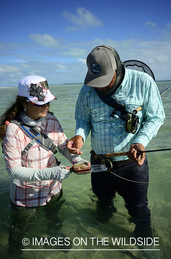 Flyfisherman picking out fly.