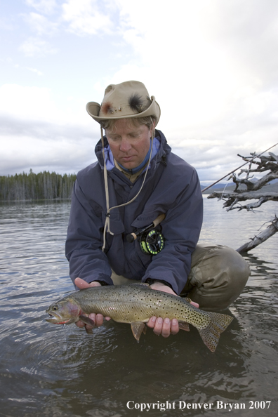 Flyfisherman releasing cutthroat trout.