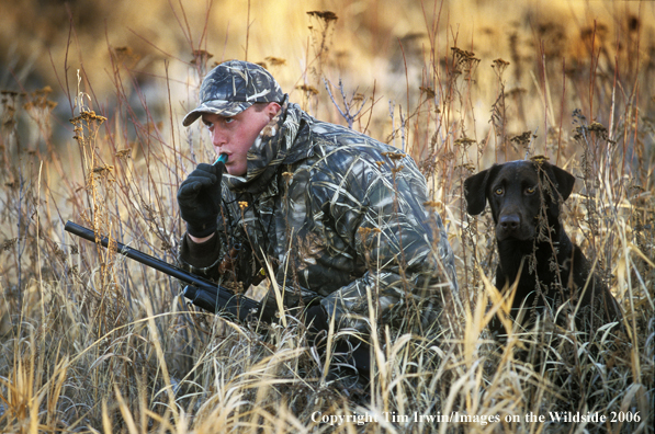 Duck hunter and chocolate Labrador Retriever.  