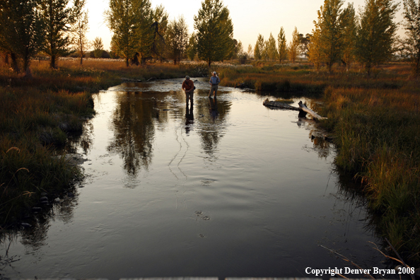 Flyfishermen fishing on warm spring