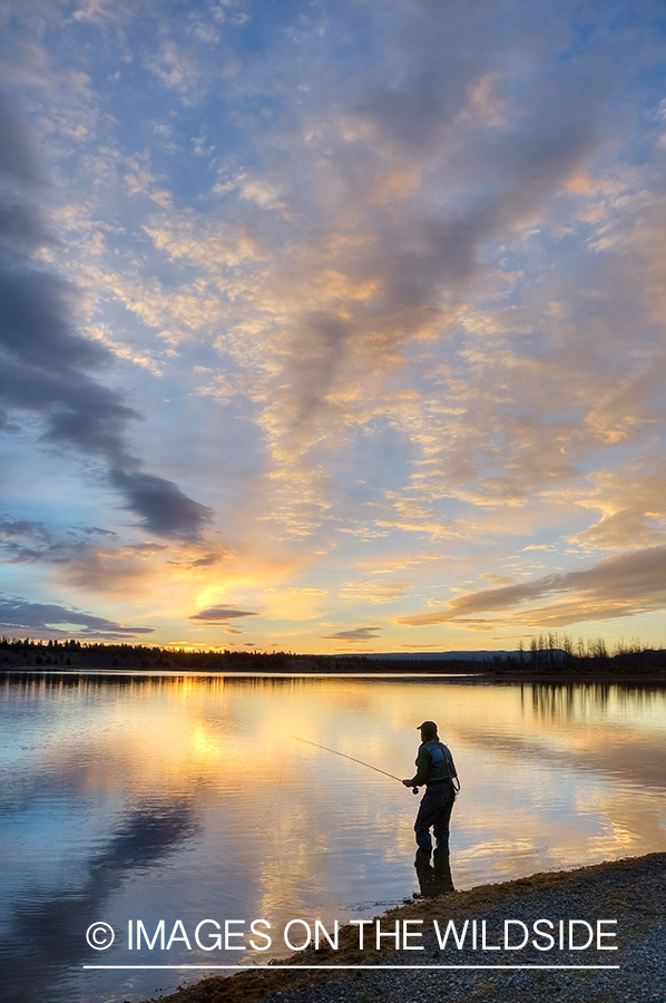 Flyfishing during sunset on Hebgen Lake, MT.