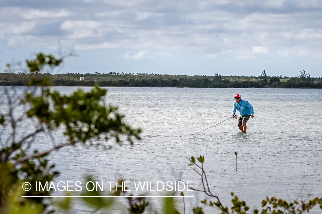 Flyfisherman fighting bonefish.