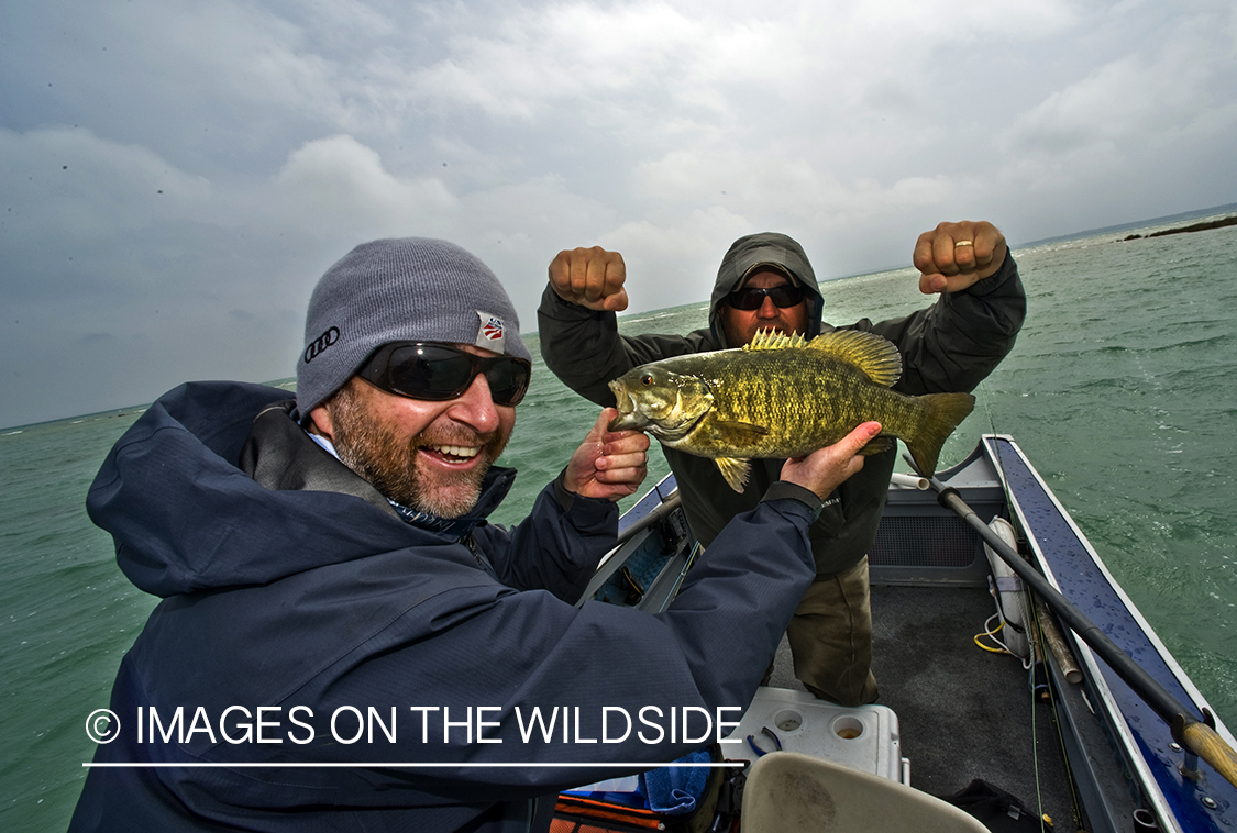 Fishermen with smallmouth bass in boat.