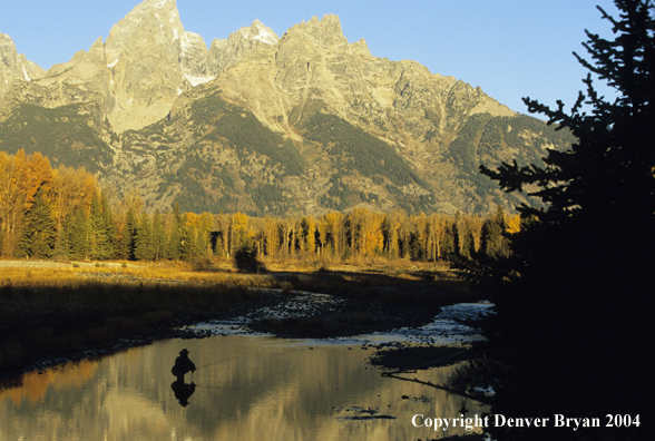 Flyfisherman casting on river.